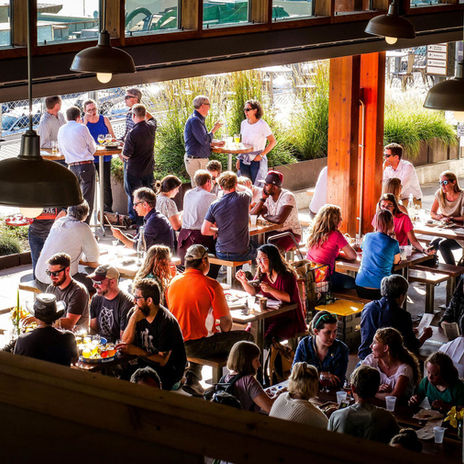 People gathered in the Pike Place dining area