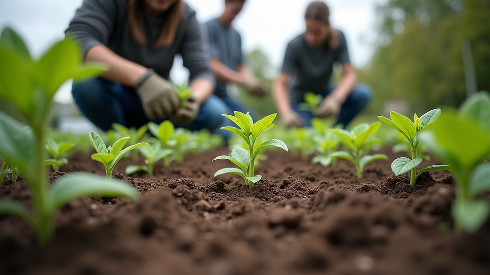 Eye-level view of a community garden with volunteers planting seedlings