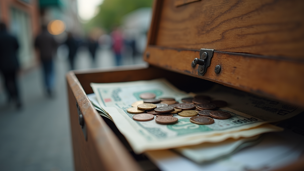 Close-up view of a donation box with coins and notes inside