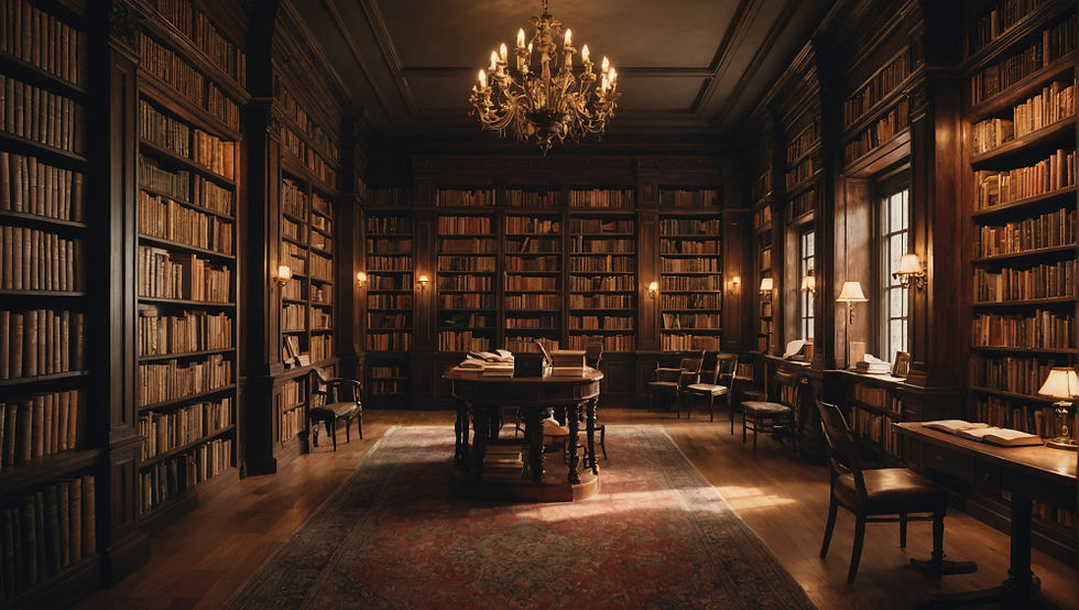 An atmospheric library filled with shelves of books where readers can explore stories