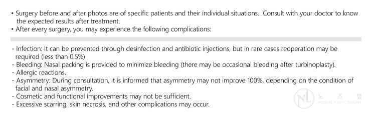 Postoperative precautions and possible complications after rhinoplasty – includes information on infection, bleeding, asymmetry, allergic reactions, and scarring.