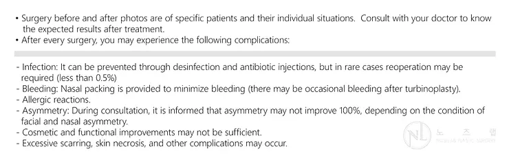 Postoperative precautions and possible complications after rhinoplasty – includes information on infection, bleeding, asymmetry, allergic reactions, and scarring.