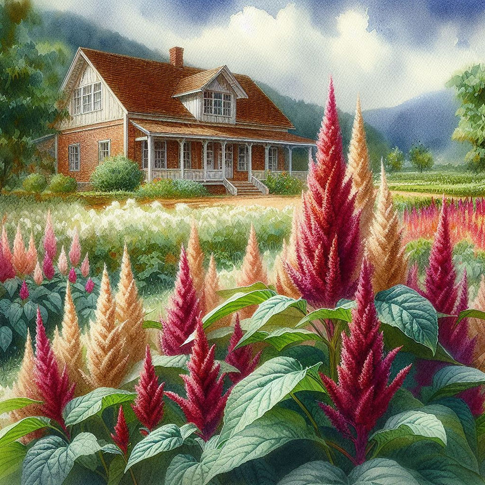 A red-roofed house stands amidst a vibrant garden of red and cream Amaranth flowers, with green hills in the background under a partly cloudy sky.