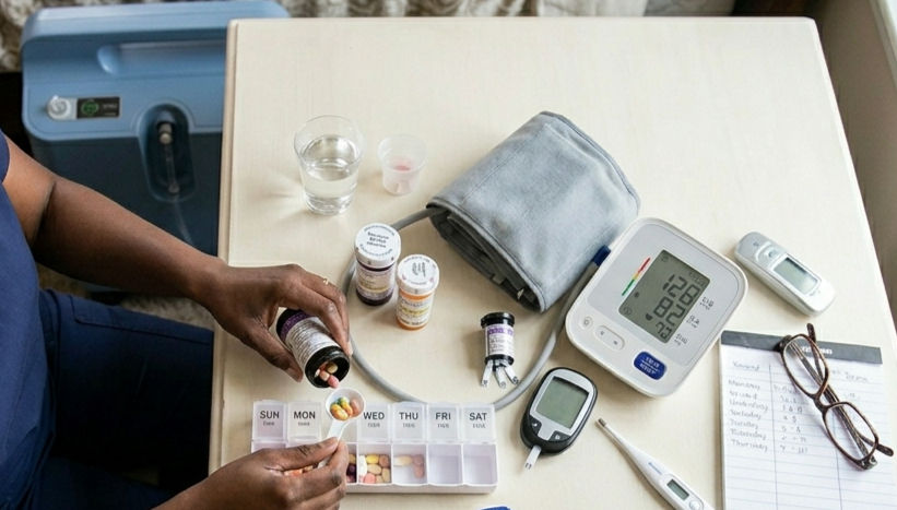 High angle view of a caregiver preparing medication for a patient