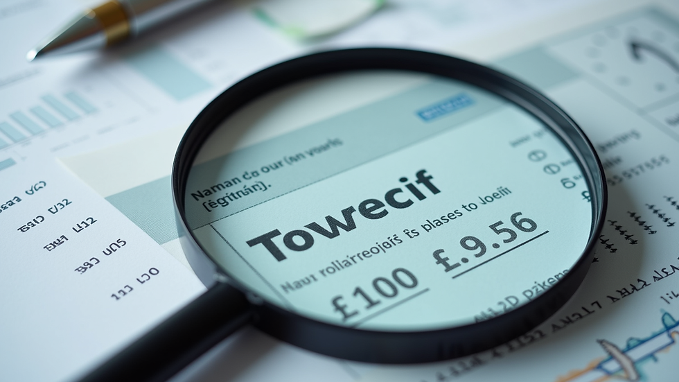 Close-up view of a magnifying glass over financial documents