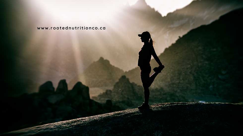 Silhouette of a person stretching on a rocky mountain at sunrise. Text: www.rootednutritionco.ca. Mood is serene and calm.