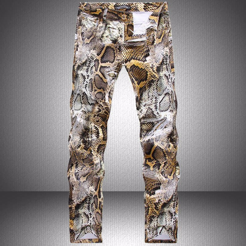 Men's Python Snakeskin Print Skinny Denim Jeans