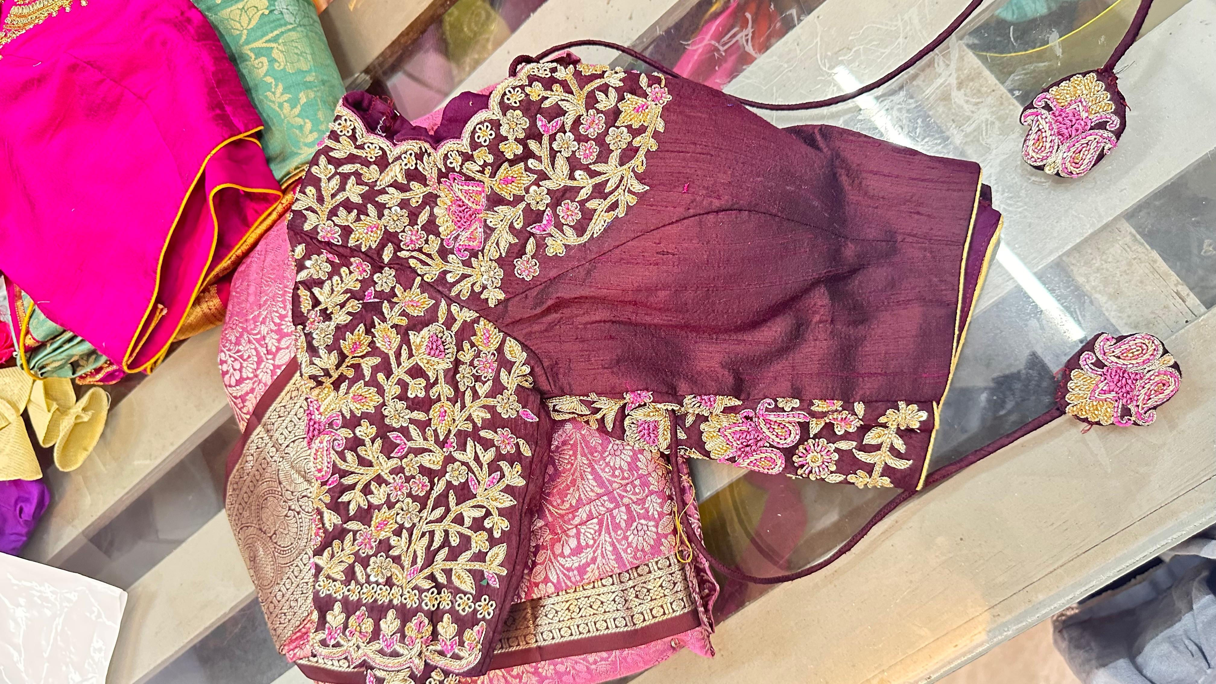 Nandini Maroon Floral Embroidered Blouse with Pink Accents