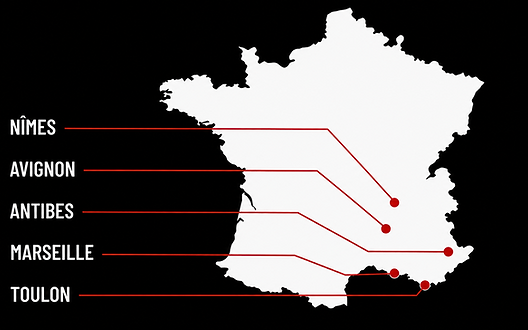 Carte de la zone d'intervention de l'agence Unity Lab Marseille installateur expert starlink, wi-fi, vidéosurveillance et home cinéma 4K