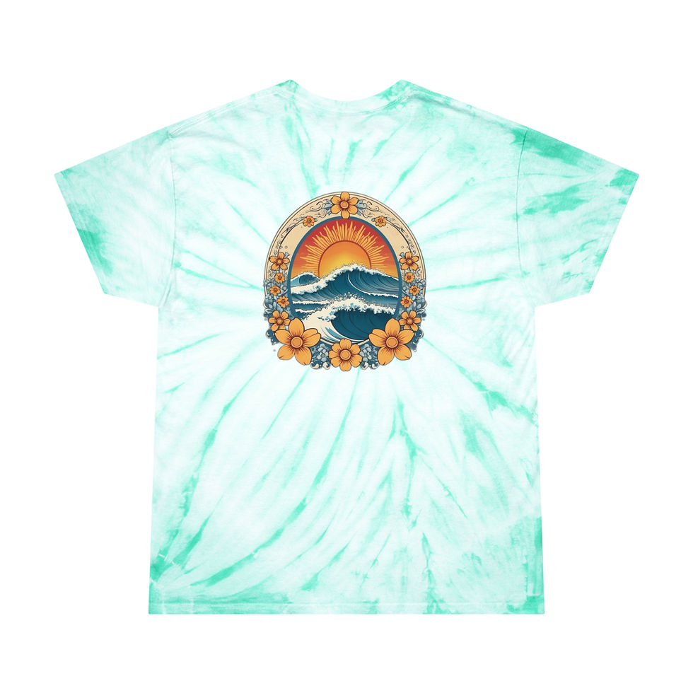 Beach tie-dye t-shirt with ocean wave and sunset illustration