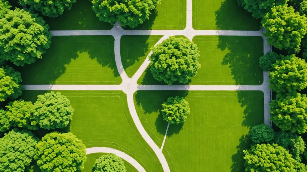 High angle view of a peaceful green park with walking paths