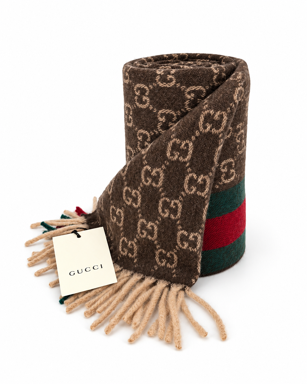 サムネイル： Monogram Brown Cashmere & Wool Scarf with Green & Red Web Stripe