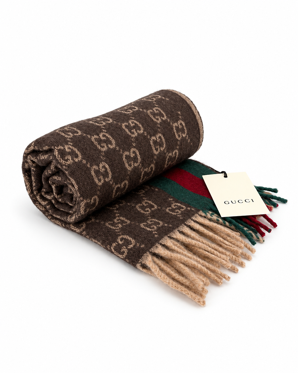 サムネイル： Monogram Brown Cashmere & Wool Scarf with Green & Red Web Stripe