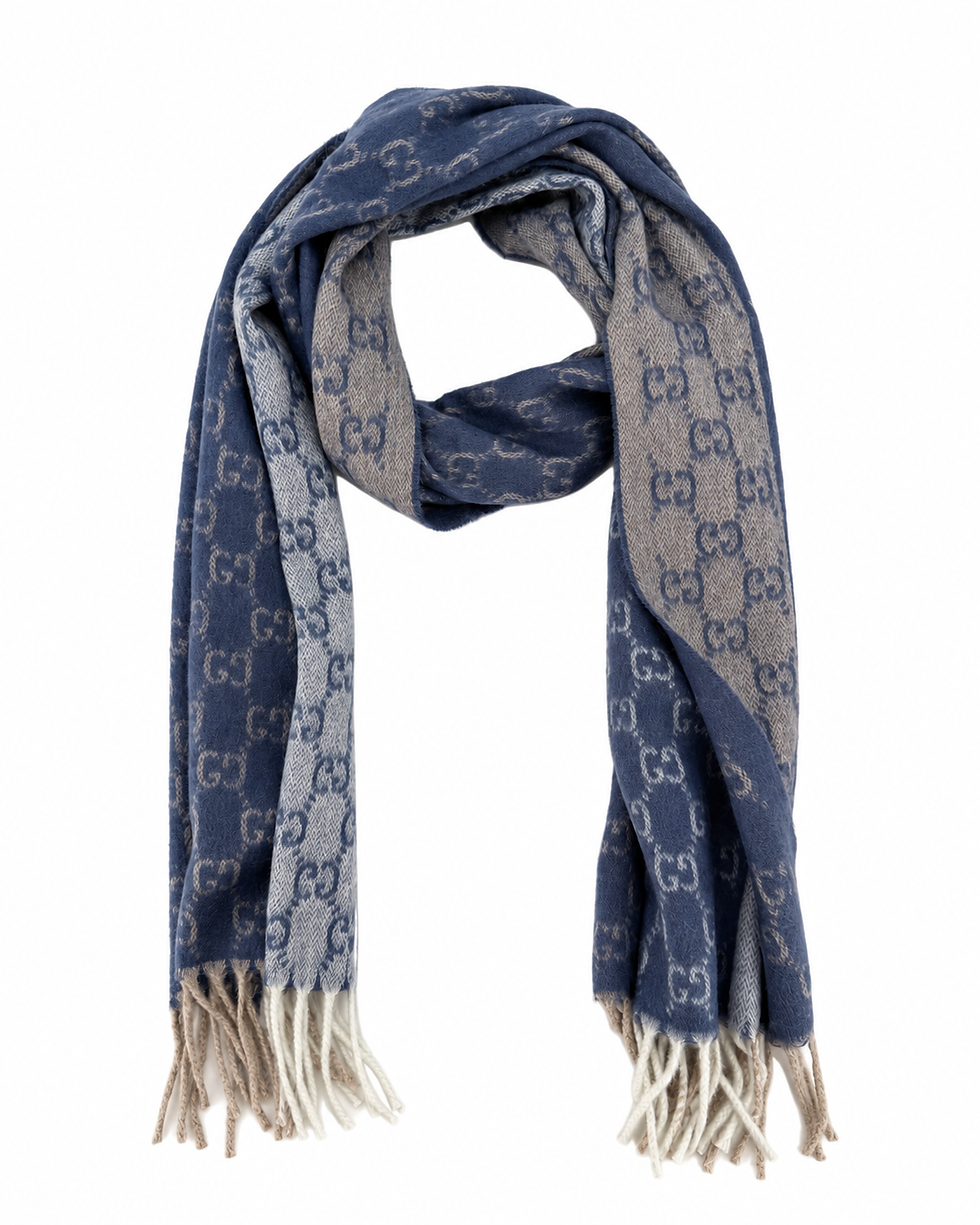 サムネイル： Monogram Blue Cashmere & Wool Scarf with Beige & Cream Fringe