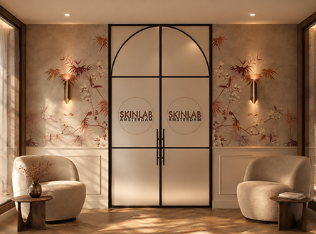 een charmante wachtruimte van een skincare kliniek met behang en fauteuils en mooie verlichting