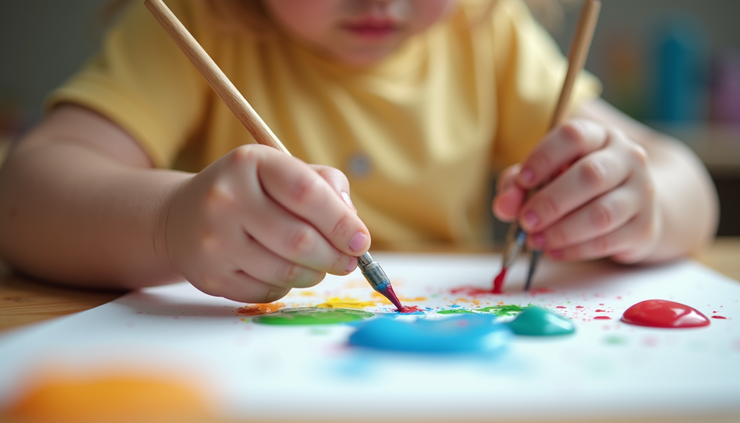 Close-up view of a child’s hands painting with bright colors on paper