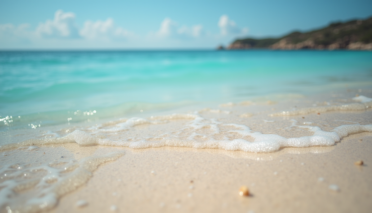 Close-up view of a plastic-free beach with clean sand and clear water