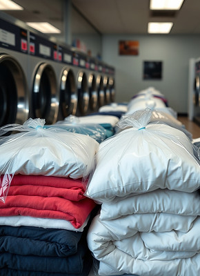 neatly perfectly folded laundered clothes in clear plastic bags, comforters washed and fol
