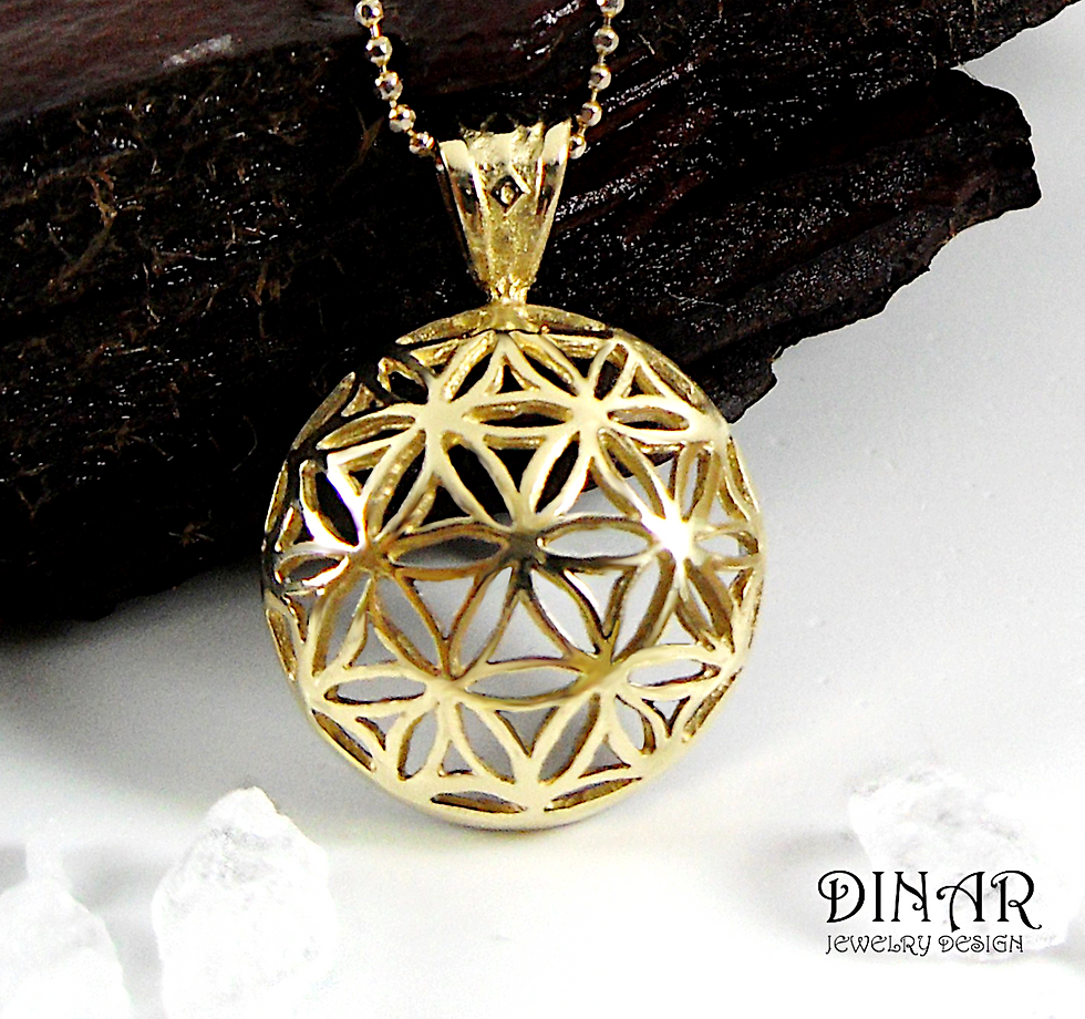 תליון ניצוץ פרח החיים זהב 14 קראט, תליון פרחים לאישה זהב, תליון זהב פרחים
