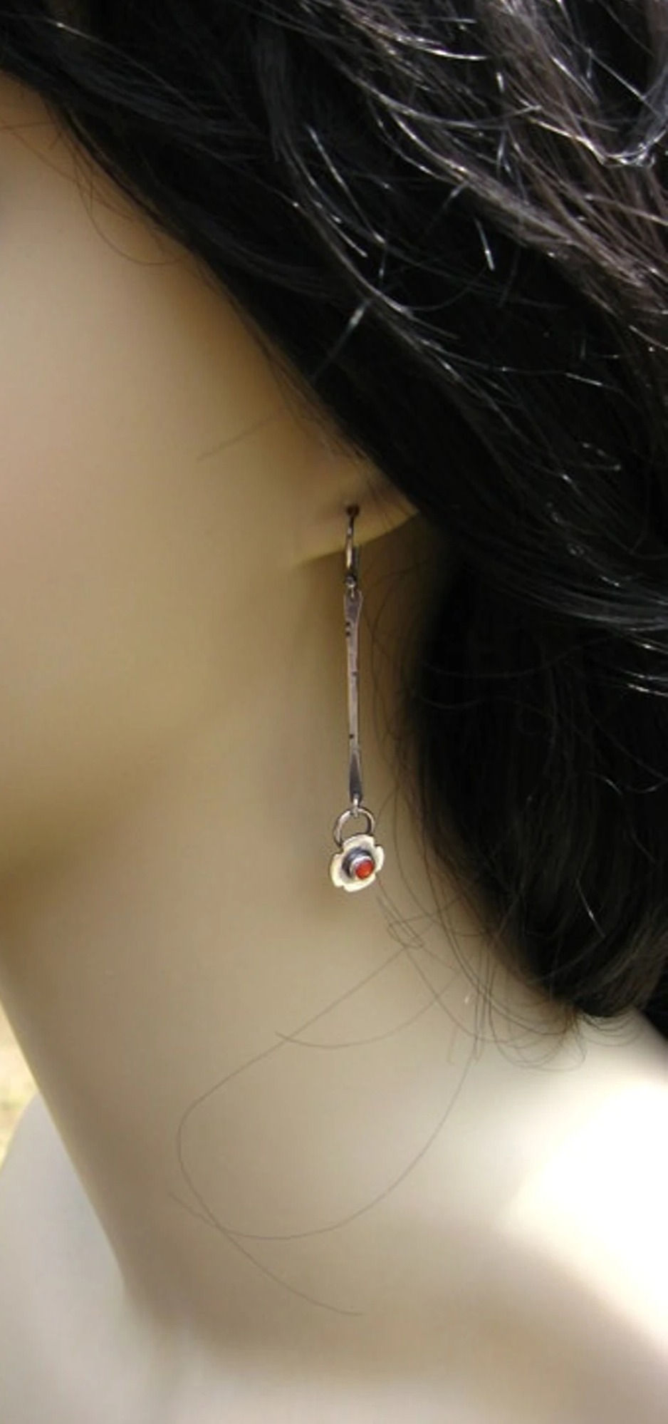 Thumbnail: Red coral sterling silver long flower earrings