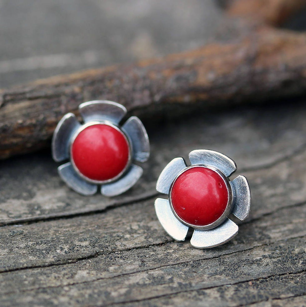 Thumbnail: Red coral flower sterling silver stud earrings