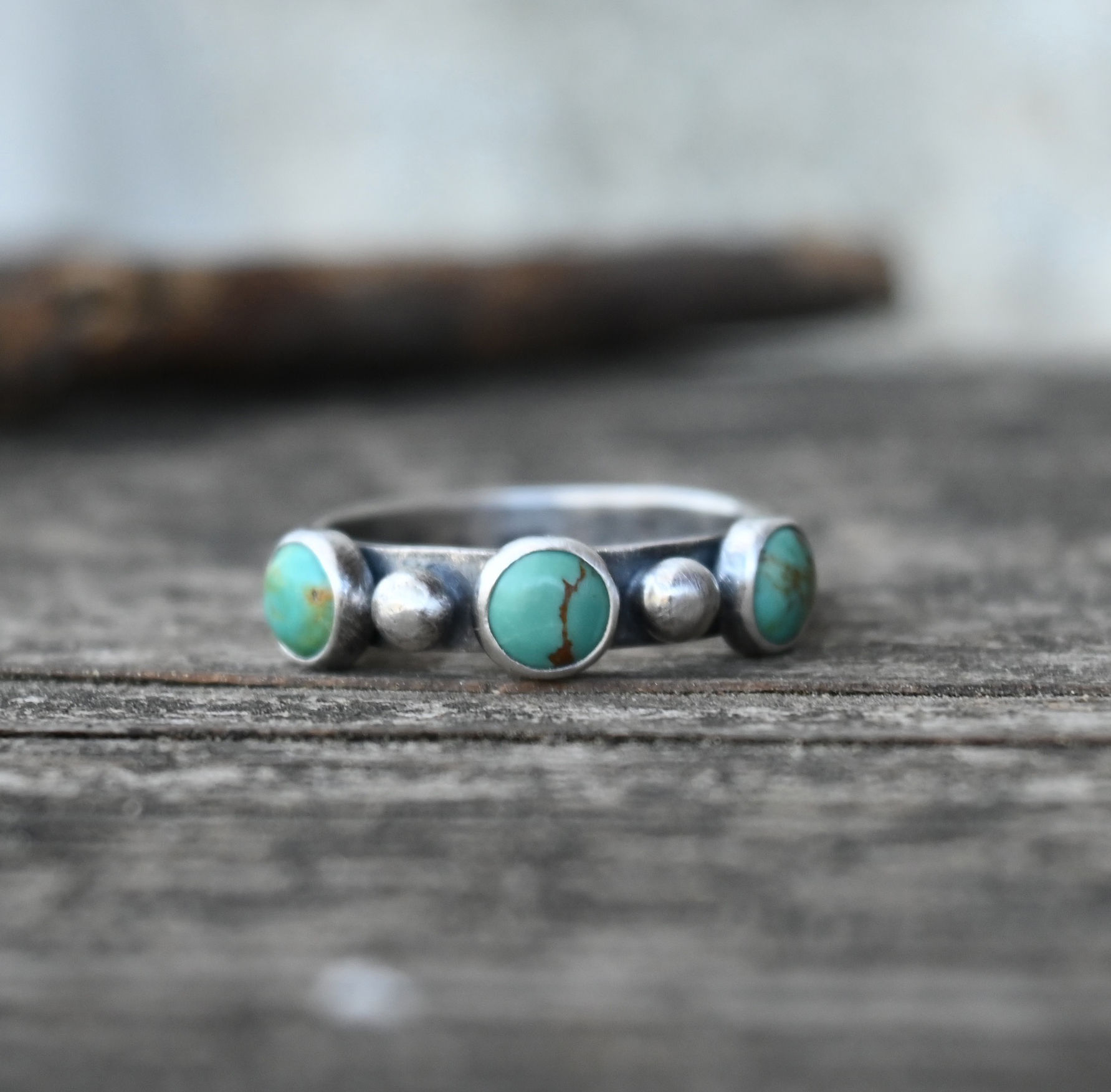 Three stone green blue Kingman turquoise sterling silver pebble ring