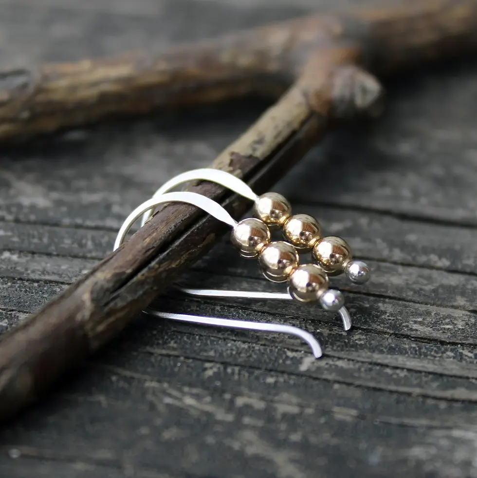 Thumbnail: Three bead gold and sterling silver dangle earrings