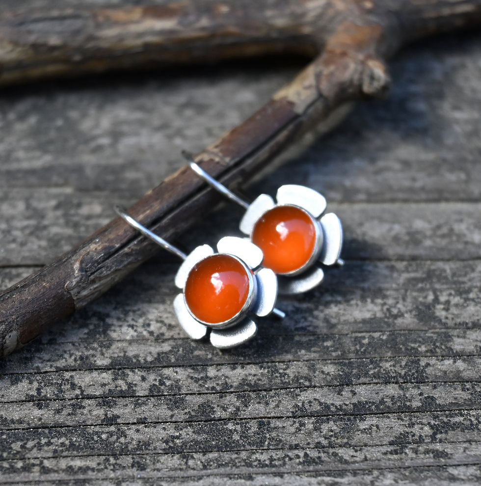 Thumbnail: Orange carnelian sterling silver flower dangle earrings