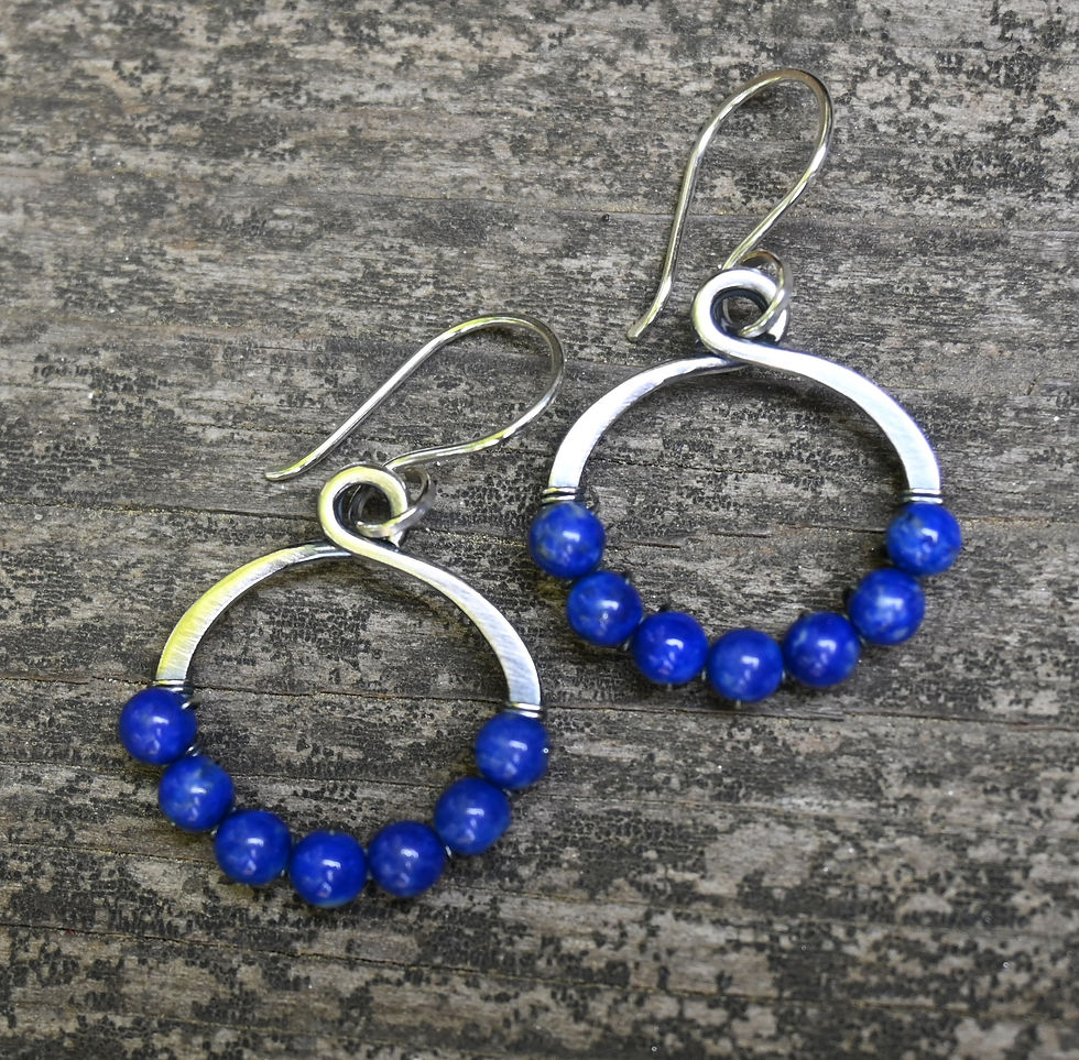 Thumbnail: Lapis lazuli sterling silver beaded hoop dangle earrings