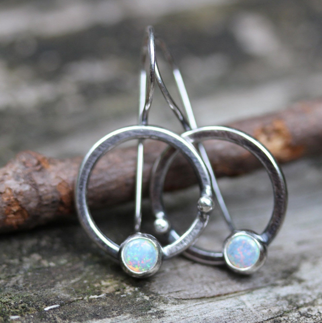 Opal sterling silver hoop dangle earrings