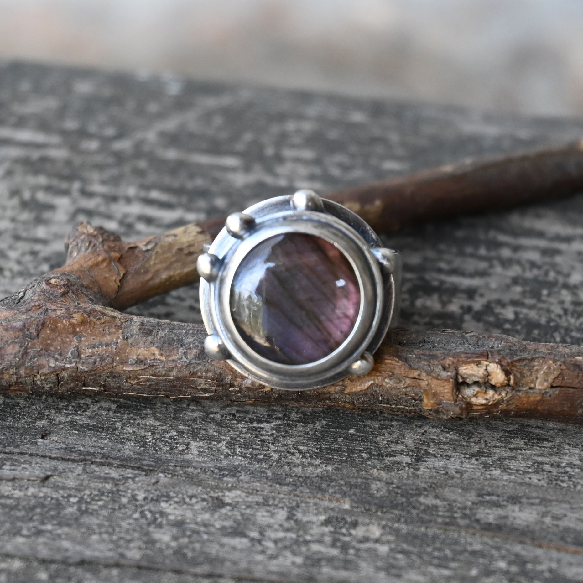 Purple labradorite sterling silver bramble ring