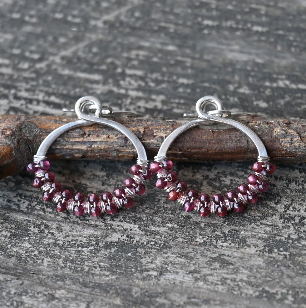 Thumbnail: Garnet sterling silver beaded hoop dangle earringsgs