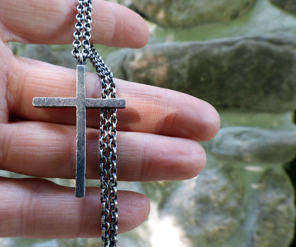 Thumbnail: Rustic rugged cross sterling silver necklace