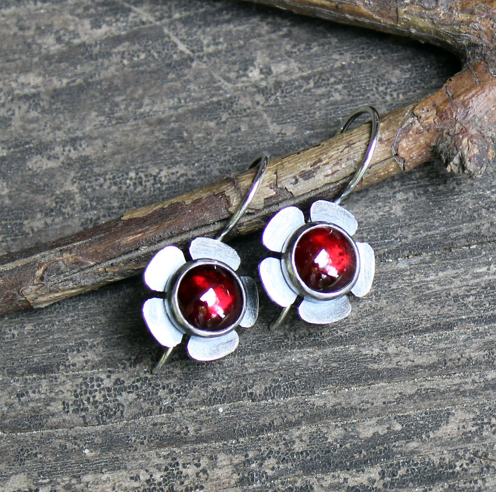 Thumbnail: Garnet sterling silver flower dangle earrings