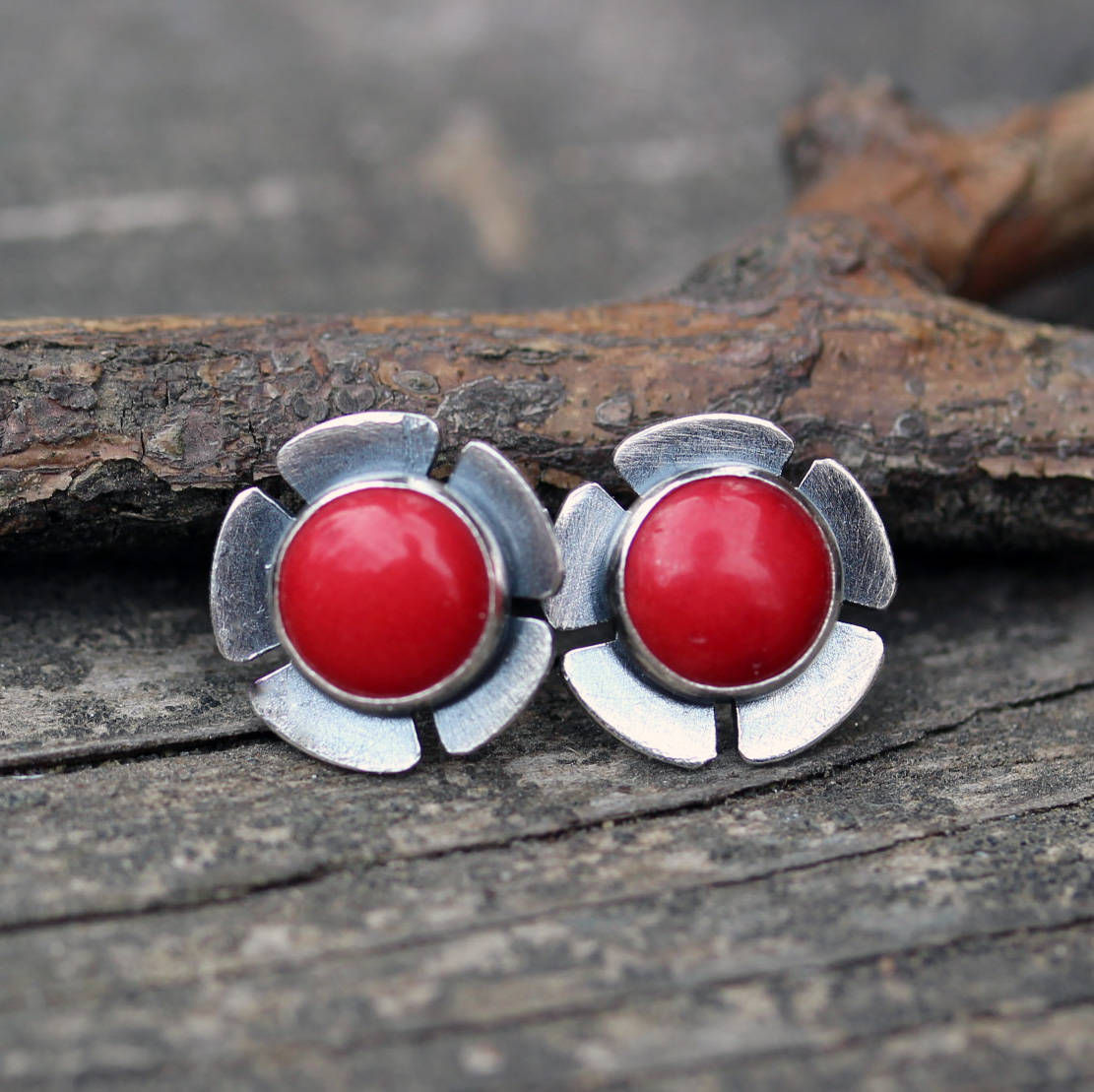 Red coral flower sterling silver stud earrings