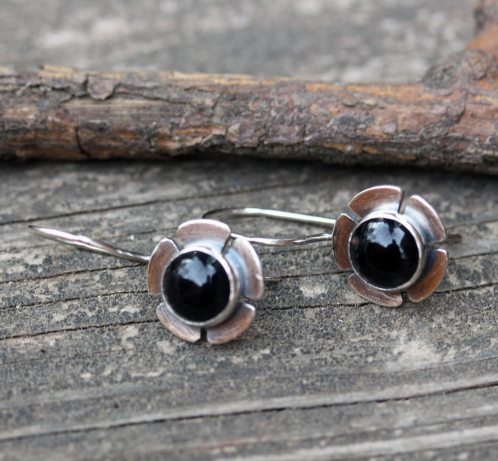 Thumbnail: Black onyx flower sterling silver dangle earrings