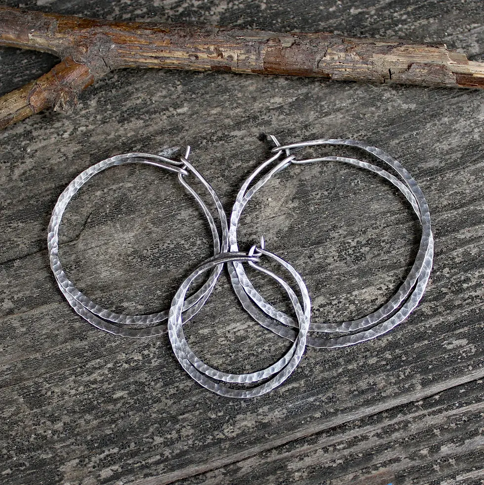 Thumbnail: Hammered rustic sterling silver hoops