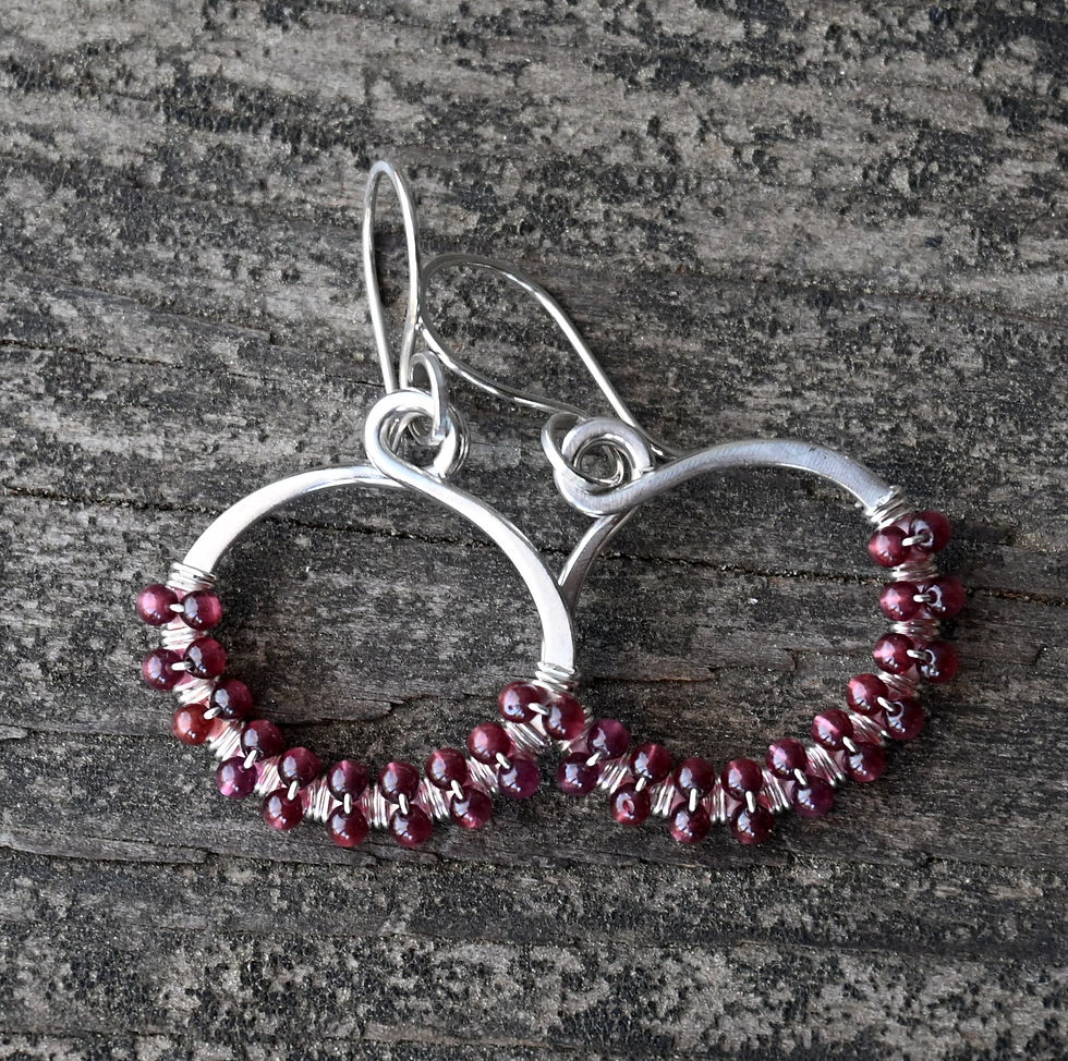 Thumbnail: Garnet sterling silver beaded hoop dangle earringsgs