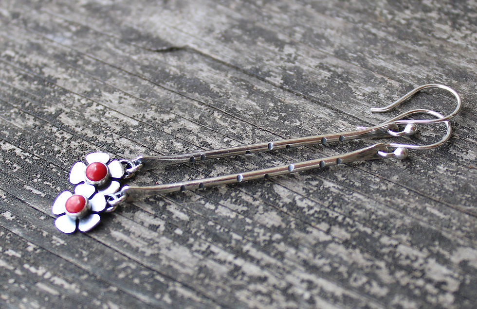 Thumbnail: Red coral sterling silver long flower earrings