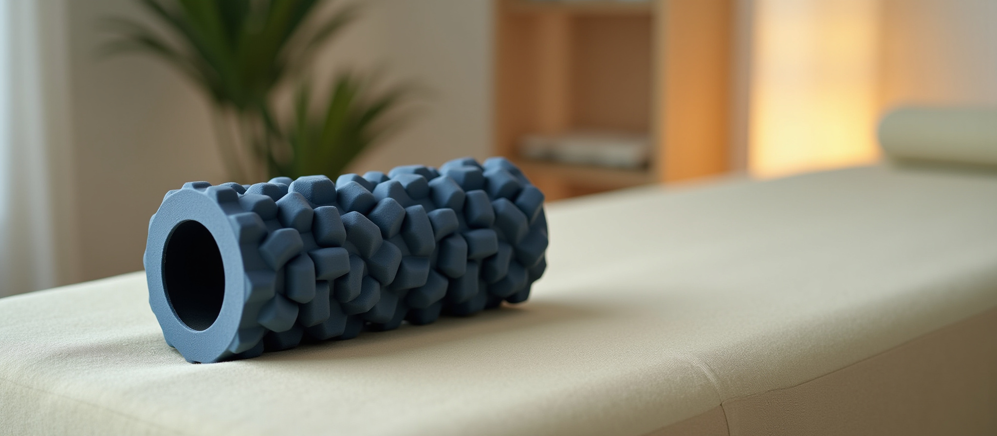 Close-up of a textured blue foam roller on a massage table in a therapy room. 