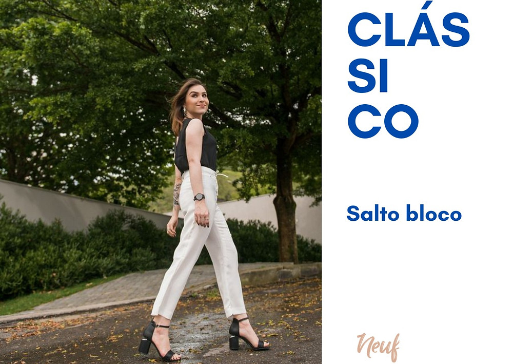 mulher com salto bloco peça essencial no guarda roupa