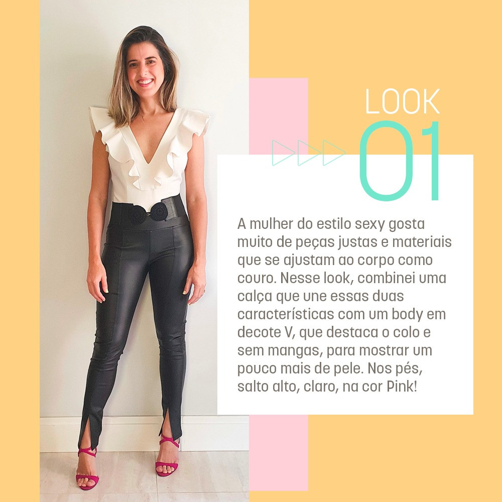 Juliana Berman explicando um look com calça de couro