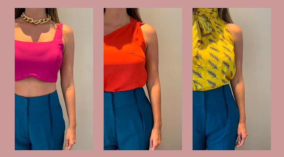 combinação de looks de azul petróleo, com laranja, rosa e amarelo
