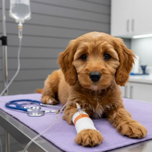 Goldendoodle puppy care with a bandaged paw at the vet clinic.