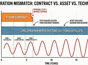 Diagram showing the duration mismatch between AI data center contracts, assets, and technology cycles. A 5-year hyperscaler contract (orange bar) sits above 20+ year infrastructure (blue bar), while technology cycles (red wave) show Gen 1 air cooling, Gen 2 liquid cooling, and Gen 3 immersion cooling evolving every 2-3 years. Annotations highlight the "Renewal Cliff" at year 5 and how tech evolves faster than contracts renew.