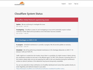 Screenshot of the Cloudflare System Status page displaying a red 'Global Network experiencing issues' alert during the Cloudflare Outage November 2025.