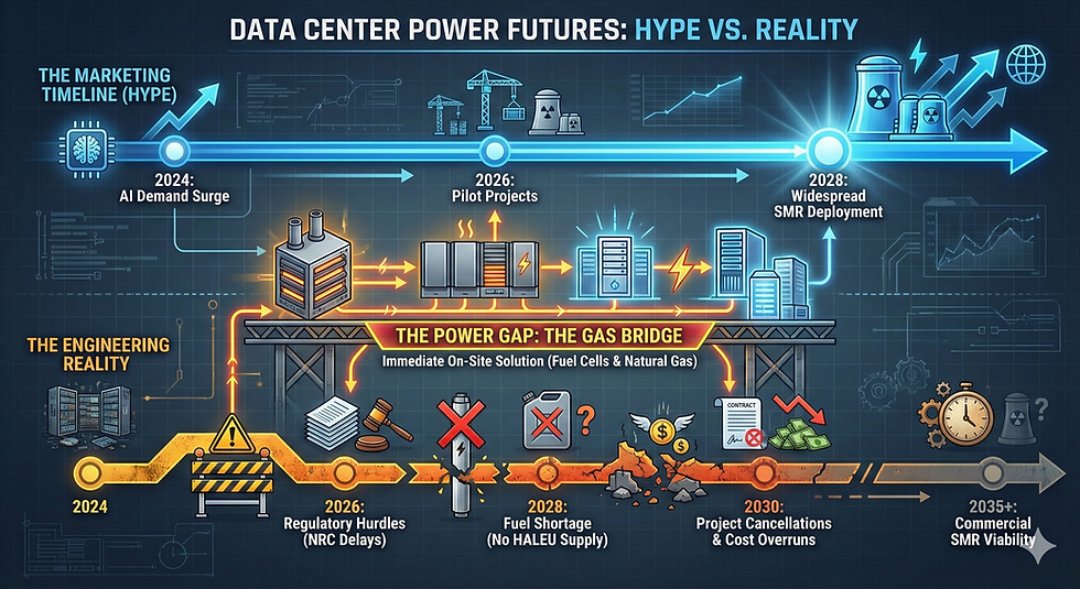Infographic titled "Data Center Power Futures: Hype vs. Reality." It contrasts two timelines: a "Marketing Hype" path projecting widespread SMR deployment by 2028 driven by AI demand, versus an "Engineering Reality" path showing regulatory hurdles, fuel shortages (HALEU), and project delays pushing commercial SMR viability to 2035+. A prominent "Gas Bridge" section using on-site fuel cells and natural gas is depicted as the immediate solution spanning the "Power Gap" between 2024 and the future nuclear reality.