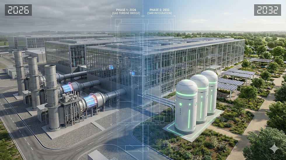 Architectural rendering illustrating a "Gas-to-Nuclear Bridge Strategy" for an AI data center. The left side of the image shows Phase 1 (2026) with operating gas turbines. The right side shows Phase 2 (2032) with Small Modular Reactors (SMRs) integrated into the same site footprint, united by a blueprint overlay.