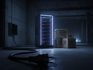 Server rack with unplugged power cable and unopened NVIDIA GPU crates in dark data center warehouse - illustrating Microsoft AI spending constraints.