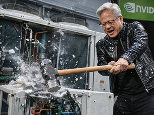 AI-generated illustration depicting NVIDIA CEO Jensen Huang symbolically destroying a data center chiller, representing the shift to 45°C warm water cooling with Vera Rubin